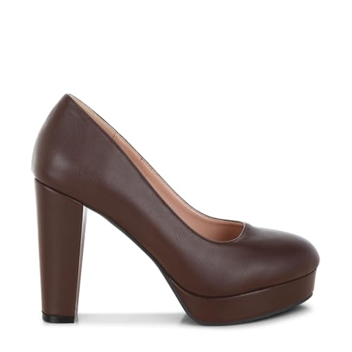 London Rag Damsor Faux Leather Block Heel Pumps Brown