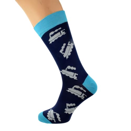 Mad About Trains Mens Novelty Socks Navy and Turquoise Steam Train Design UK Size 5-12