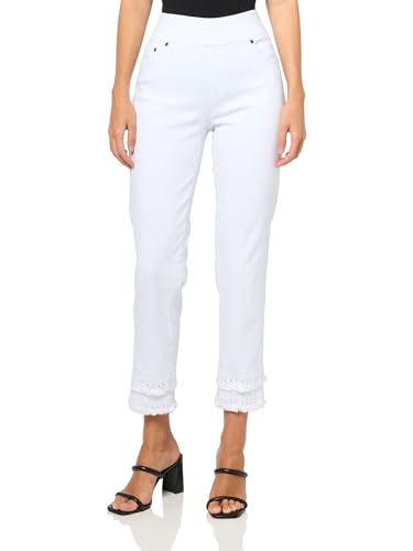 SLIM-SATION Women's Pull On Wide Band Eyelet and Fringe Trim Hem Jean Ankle Pant