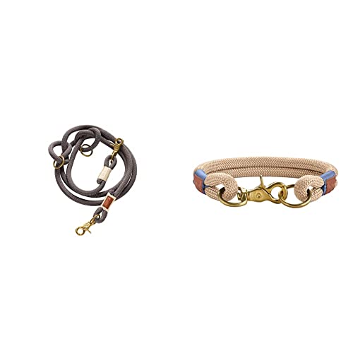 HUNTER Sansibar RANTUM Verstellbare Führleine für Hunde, modern, nautisch, 1 x 200 cm, grau & Sansibar Rantum Halsung, Hundehalsband, modern, nautisch, 55 (L), beige