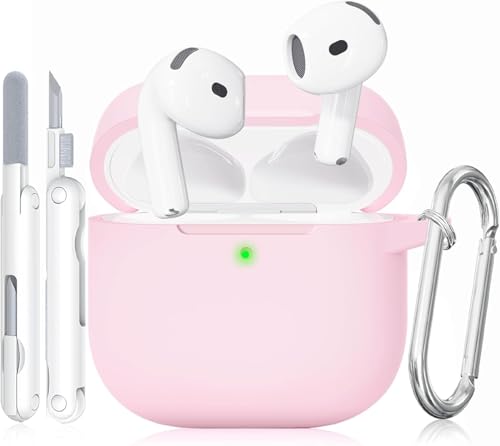 for AirPods 4 Case, TNSNK Soft Silicone Airpod 4 Case with Cleaner Kit and Keychain, Pink Case Cover for Women Girly Compatible with Apple Airpods 4th Gen 2024, Anti-Scratch, Drop Protection