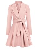 Women's Notch Lapel Long Sleeve a Line Pea Coat with Self Tie Belt (XX-Large, Light Pink)