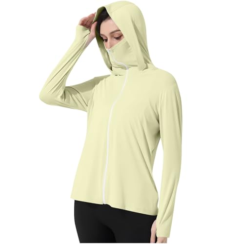 Womens UPF 50+ Sun Protection Jackets with Mask UV Hoodie Lightweight Athletic Cycling Outfits Long Sleeve Hiking Shirt A02 Beige Large