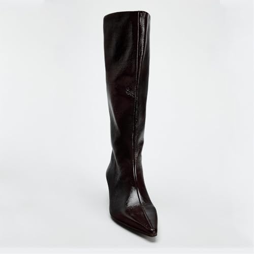 Goolita Burgundy Knee High Boots For Women, Pointed Toe Kitten Heel Wide Calf Boots Cherry Red Slip On Dress Tall Boots3