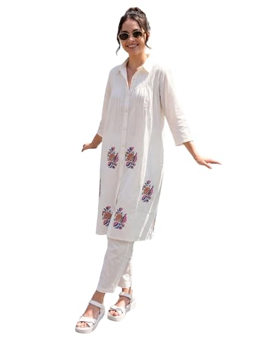 Image of INDO ERA Women's Pure Cotton Embroidered A-Line Kurta & Pant Set (IERAI11820)