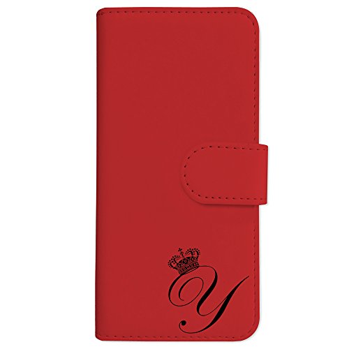 sslink iPhone17 Pro Max アイフォン17プロマックス 対応 手帳型 スマホ ケース クラウン イニシャル 「Y」 黒文字 (レッド) アルファベット ロゴ エンブレム ダイアリータイプ 横開き カード収納 フリップ カバー スマートフ