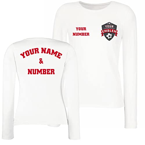 Camiseta de Manga Larga para Mujer | Jersey Personalizado de Fútbol con tu Nombre y Número | Ropa Deportiva Emblem 2026 (L Blanco Multicolor)