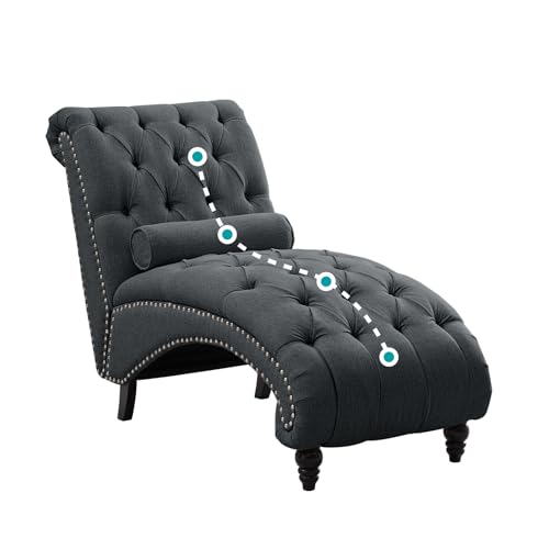BALUS Button-Tufted Chaise Lounge Indoor, Linen Rivets Chair with Support Pillow and Solid Wood Legs, Armless Rolled Backrest Leisure Sofa Recliner for Living Room Bedroom Apartment,Dark Gray