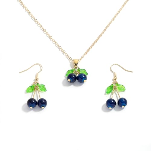 Hellodr Sweet Blueberry Necklace Earrings Set for Women Red Fruit Charms Necklace Drop Earring Dainty Jewelry Gift for Summer Outfits Accessories