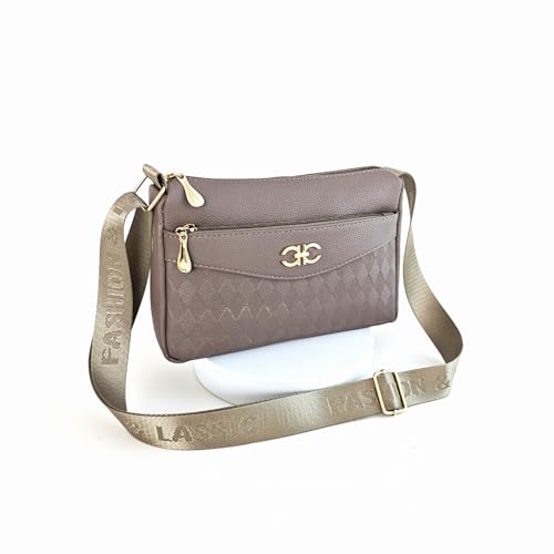 Women's Crossbody Shoulder Bag, Taupe, Quilted Diamond Pattern, Gold-Tone Hardware, Adjustable Strap, 2025 Style