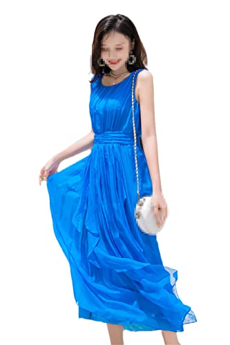 Youllyuu 100% Mulberry Silk Dress Women Summer Beach Solid Midi Dress Tank Sleeveless Irregular Holiday Robe