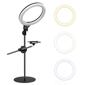 [Upgraded Base] ULANZI Overhead Phone Mount with 10″ Selfie Ring Light, Tabletop Light Stand with 360° Shooting Arm, 3500k-6500K Dimmable Ring Light for Video Recording, Live Stream, Portrait & Makeup