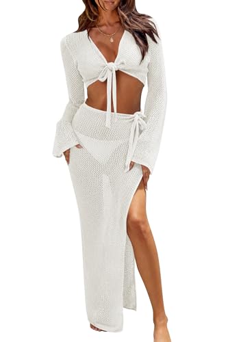 Image of Cakulo Women's Crochet Cover Up 2 Piece Beach Skirt Sets | Hollow Out, Tie Front Crop Tops, Bell Sleeve, Sarong Wraps, Swimsuit Bathing Suit Coverup, Resort Wear Beach Vacation Outfits
