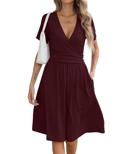 Image of KUOTAI Women's Summer Short Sleeve Casual Dresses Wrap V Neck Beach Outfits Party Flowy Dress with Pockets, Wind Red, XX-Large