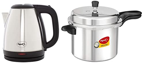 Image of Pigeon by Stovekraft 104 Deluxe Aluminium Pressure Cooker, 7.5 Litres & Amaze Plus Electric Kettle 1.5 L, 1500 Watt, Stainless Steel Body with Auto Shut-off Feature