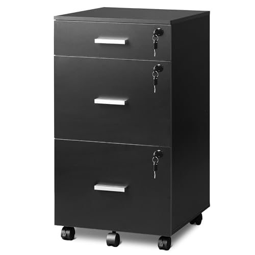 DEVAISE 3 Drawers Filing Cabinet Lockable File Cabinet Under Desk Drawers with Storage Wood Fits Letter / A4 Size for Home Office Carbon Black