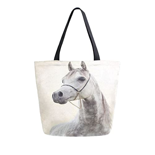 Grand sac fourre-tout toile femme cabas imprimé cheval gris A340
