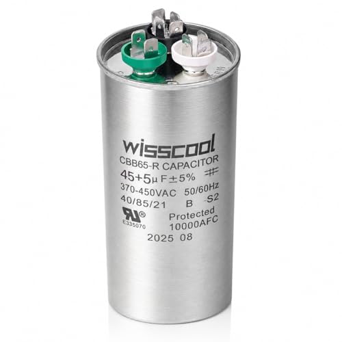 WISSCOOL UL 45+5uF 45/5 MFD ±5% 370V/440VAC CBB65 AC Capacitor CBB65B Round Dual Run Start Capacitor for Heat Pump Air Conditioner Condenser Straight Last 5 Years