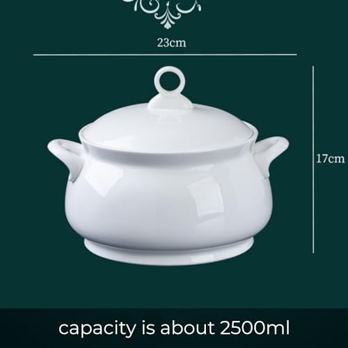 Zuppiera in ceramica, per feste in casa, cene in famiglia, 70 once, forno a microonde e cassaforte, bianco, con coperchio e manici, ciotole da portata in porcellana di grande capacità da 2,5 l con