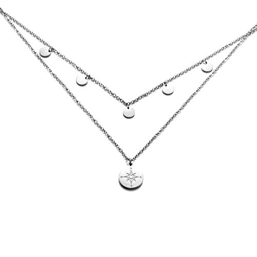 Kim Johanson Edelstahl Damen Multilayer Halskette *Coin & Kompass* in Silber mit 5 runden Plättchen (2 x Ketten Set) Boho Schmuck Kette verstellbar inkl. Schmuckbeutel