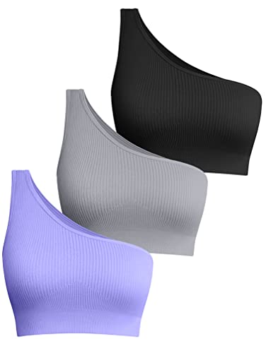 Oqq Women's 3 Piece Medium Support Crop Top One Shoulder Ribbed Seamless Removable Cups Workout Exercise Sport Bra Black Grey Purple #TOP19