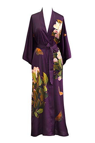 Women's Charmeuse Kimono Robe Long - Watercolor Floral - Peony & Butterfly- Plum (Purple)