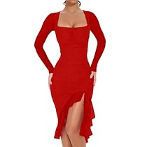 BORIFLORS Women's Sexy Ruched Bodycon Midi Dresses Elegant Mesh Long Sleeve Square Neck Ruffle Hem Cocktail Party Dress