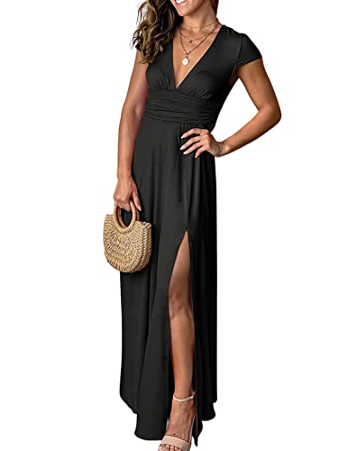 Yuopeid Women's Sexy Deep V Neck Solid Color Pleated High Waist Slit Club Party Evening Long Maxi Dress2