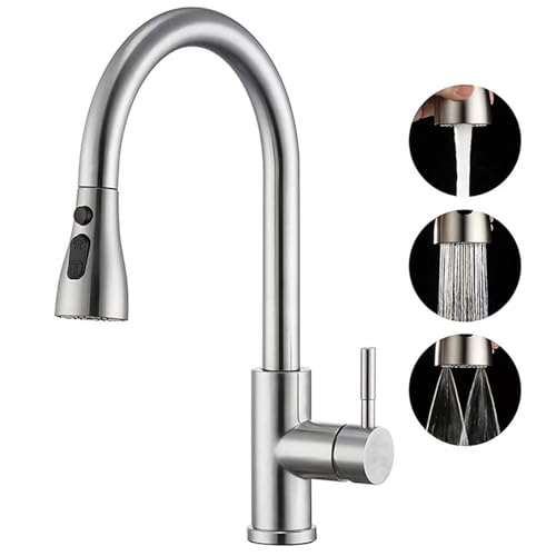 Kitchen Tap Kitchen Mixer Taps with Pull Out Sprayer Swivel Single Handle High Arc Pull Down Stainless Steel Sink Faucet 360 3 Spray Mode Mixer Tap Stainless Steel