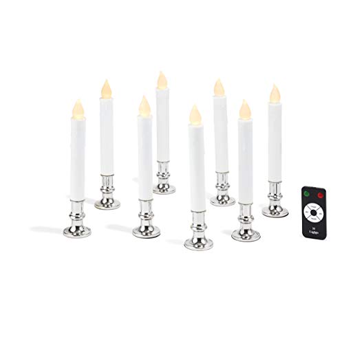 Christmas Window Candles with Silver Holders - Battery Operated White Flameless Taper, Removable Base, Flickering LED Light, Auto Timer, Remote Control & Batteries Included - Set of 8 - Thumbnail 6
