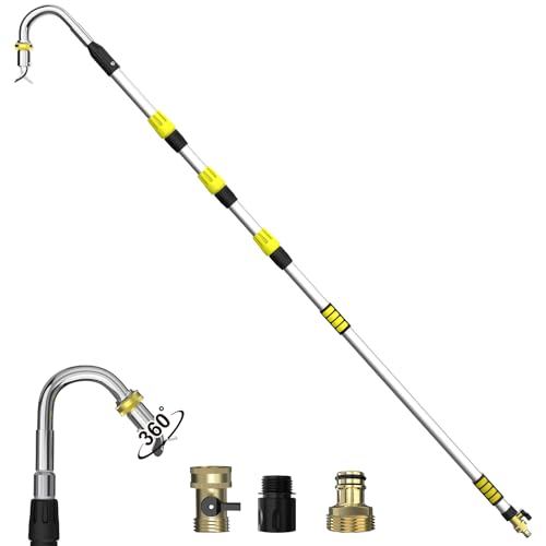 Buyplus 16FT(24FT Reach) Telescopic Gutter Cleaning Tools from The Ground, Rain Gutter Cleaners Tool with 360°Rotatable Metal Nozzle, Extension Pole, Hose Attachment, Watering Wand for Garden Hose