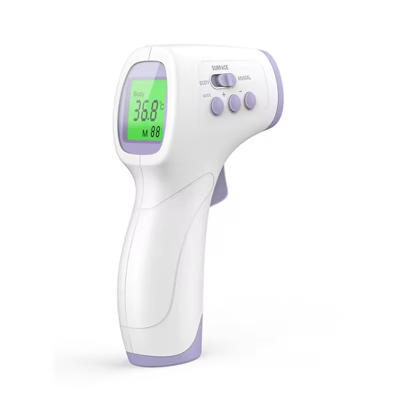 DAM Univers Termómetro frontal infrarrojo médico, termómetro sin contacto para adultos niños bebés, pantalla LCD de modo con indicadores de colores Opción de sonido y 32 memorias.