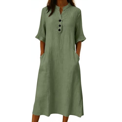 Nuqqichongtian T Shirt Kleid Damen Sommerkleid Damen Musselin Kleid Leinen Kleider Casual Strandkleid Kurzarm Sommer Shirtkleider V-Ausschnitt Hemdblusenkleid Knopf Freizeitkleid mit Taschen Grün XXL