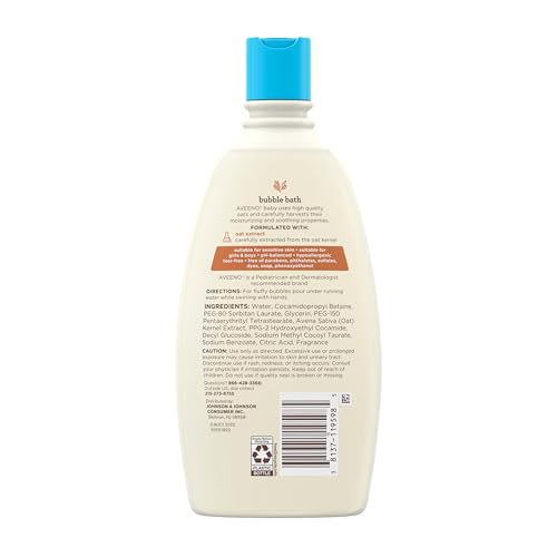 Image of Aveeno Baby Sensitive Skin Bubble Bath with Oat Extract, Gently Cleanses and Leaves Skin Feeling Hydrated, Tear-Free Formula, Hypoallergenic, Paraben-, Phthalate-, Soap- & Dye-Free, 19.2 fl. Oz