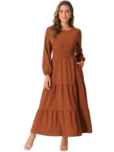 Allegra K Vestido de Manga Larga de otoño para Mujer con Cuello Redondo y Bolsillos Óxido XL