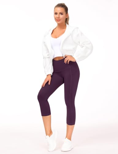 Image of THE GYM PEOPLE Thick High Waist Capris Yoga Pants with Pockets, Tummy Control Workout Running Yoga Leggings for Women