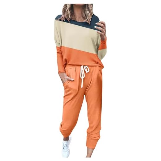 Ensemble Femme Chic Et Elegant, 2024 Pas Cher Sweat Femme Sans Capuche Manches Longues Patchwork De Couleurs Original Sweat Shirt Col Rond Grande Taille Automne Hiver Avec Pantalon De Jogging