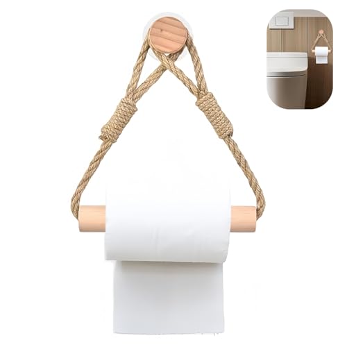 Porte-Rouleau de Papier Toilette Auto-adhésif en Corde de Jute et Bois, Derouleur Papier Toilette Murale Bois, Porte Papier Toilette sans Percage - Accessoires...
