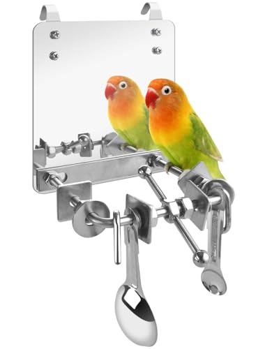 Bissap Bird Toy, 5.9'' Stainless Steel Parakeet Mirror with Perch Stand Swing for Small Medium Parrot Cockatiel Conure Lovebirds Finch Canaries and Similar Sized Bird Cage Accessories