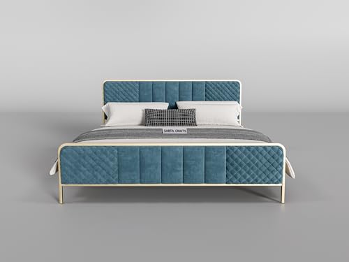 Image of Modern Upholstered Double Size Bed for Bedroom | Metal Double Bed | Platform Cot Bed with Upholstery Premium Fabric | 6.5 x 4 Ft | Powder Coated Metal Bed | Turquise