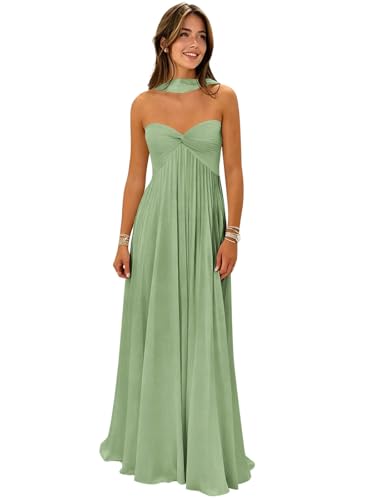 GUDENZE Sage Green Strapless A-Line Prom Dresses with Scarf Long Ruched Chiffon Formal Bridesmaid Dress for Women Size 2