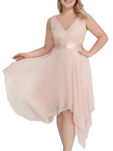 Image of Ever-Pretty Plus Women's V Neck Sleeveless Asymmetric Hem Lace Chiffon Short Summer Plus Size Wedding Guest Dresses