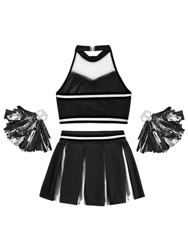 Moily Girls Classic Cheerleading Team Uniform Mesh Splice Crop Top with Pleated Boxer Skirts Rooter Stage Suit4