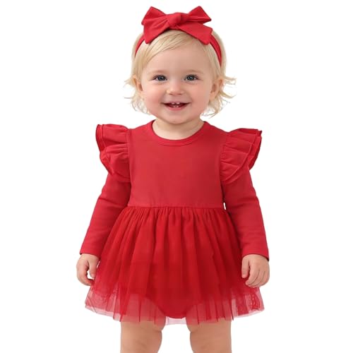 Image of Baby Girl Clothes Infant Ruffle Sleeve Romper Dress Newborn Solid Tutu Skirt Sets Jumpsuit Headband Outfit