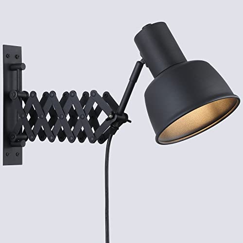 Image of DECOLUCE Accordion Swing Arm Wall Sconces, Industrial Plug in Wall Light Fixtures for Bedroom Living Room, Modern Reading Wall Lamp for Bedside Study Room, Workbench Lighting, Black