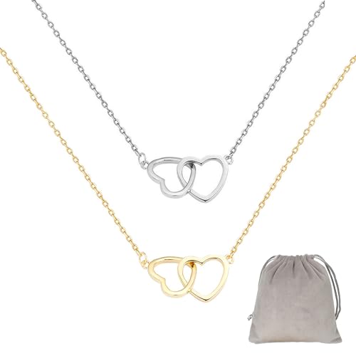 Lot de 2 colliers en forme de cœur pour femme et 2 sacs de rangement gris clair - Collier en forme de cœur - Pendentif en os - Longueur réglable - Convient...