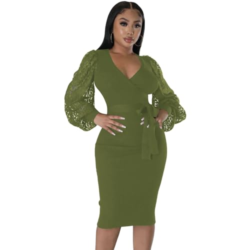 Image of BOGURST Semi Formal Church Dresses for Women Bishop Sleeve Sexy V Neck Bodycon Midi Dresses