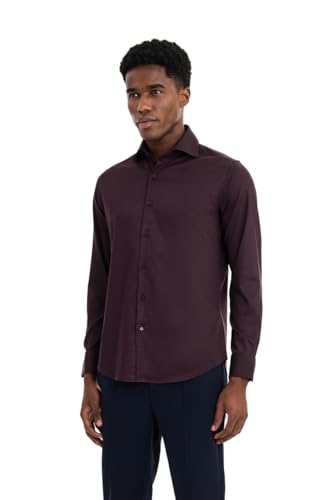 Image of SNITCH Men Formal Shirt | Tailored Slim Fit Full Sleeve Spread Collar Solid Style | Breathable Polyester Viscose Blend Twill Fabric for Office & Evening