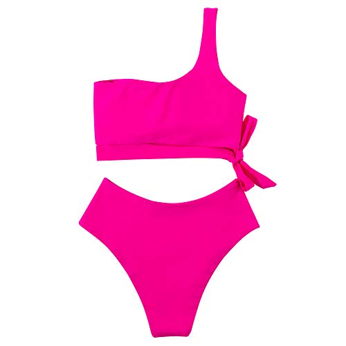 Mooslover Women One Shoulder High Waisted Bikini Tie High Cut Two Piece Swimsuits(M,Rose Red) #TOP3