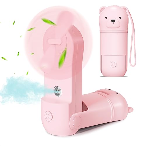 JYPS Portable Handheld Fan，Mini Hand Fan with Water Mist Spray, Foldable Fan with USB Rechargeable Battery, Pocket Fan with 3 Speeds for Women/Girls/Kids, Electric Desk Fan for Home/Outdoor Travel